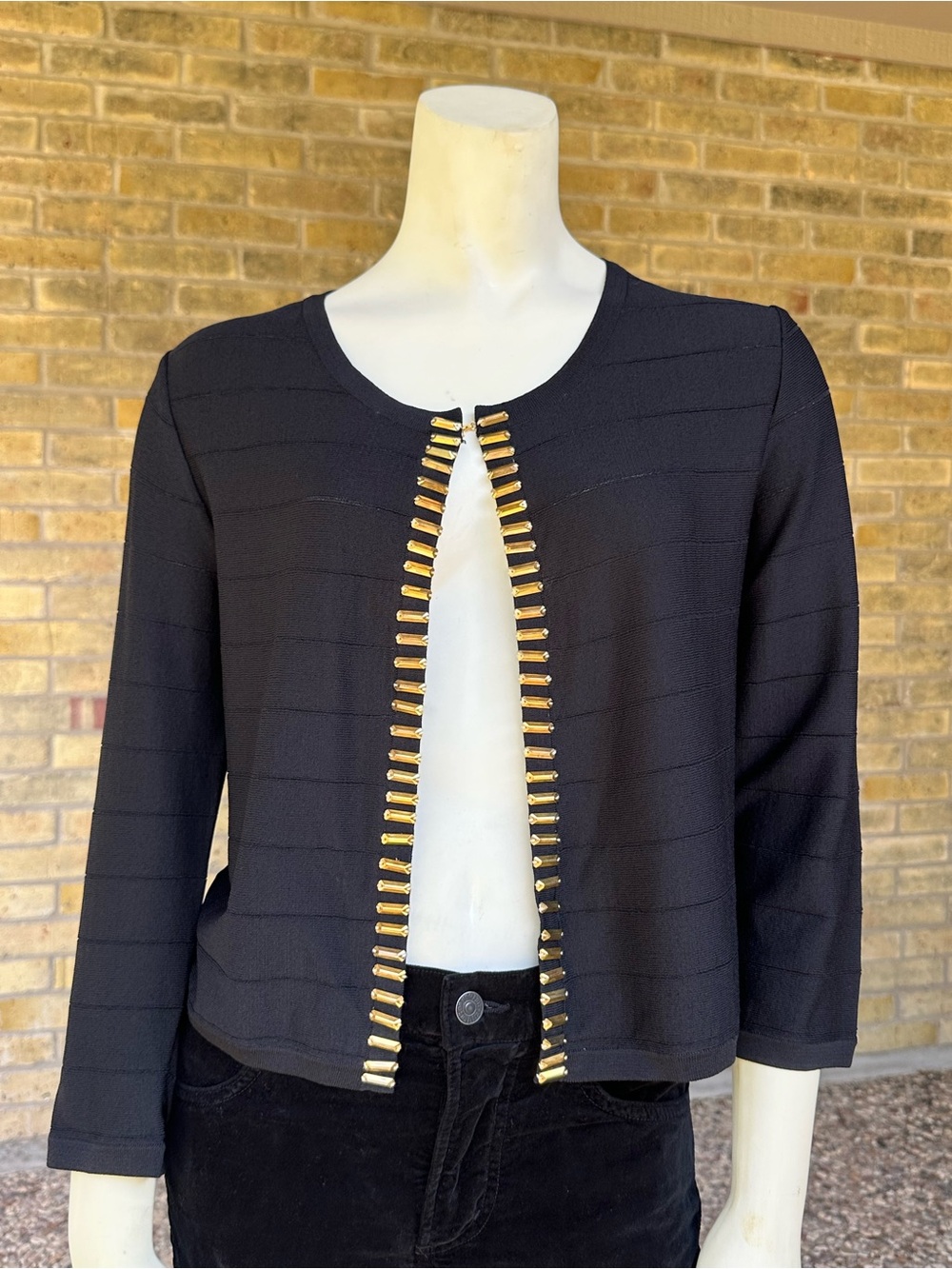 NWOT J. Peterman Black Ribbed Knit Gold Beaded Trim Cardigan Size M